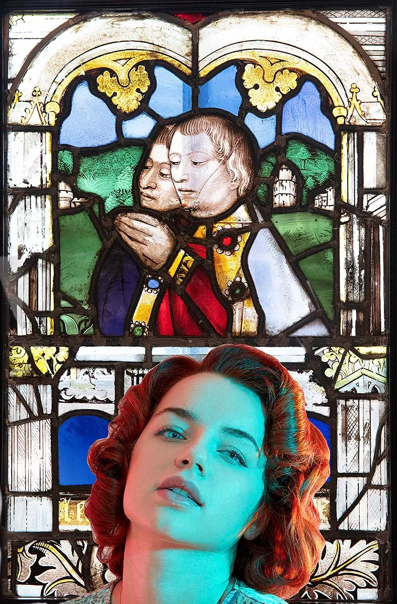 Stained glass window above portrait of young woman, mixed media art exhibition in Mykonos, Greece