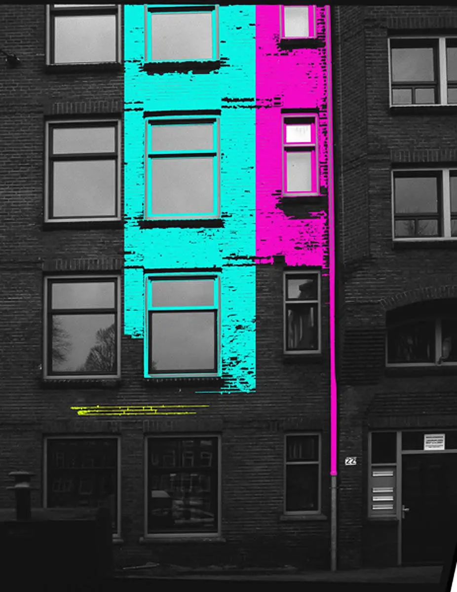 Brick building facade overlaid with cyan and magenta glitch art, urban art exhibition in Mykonos, Greece
