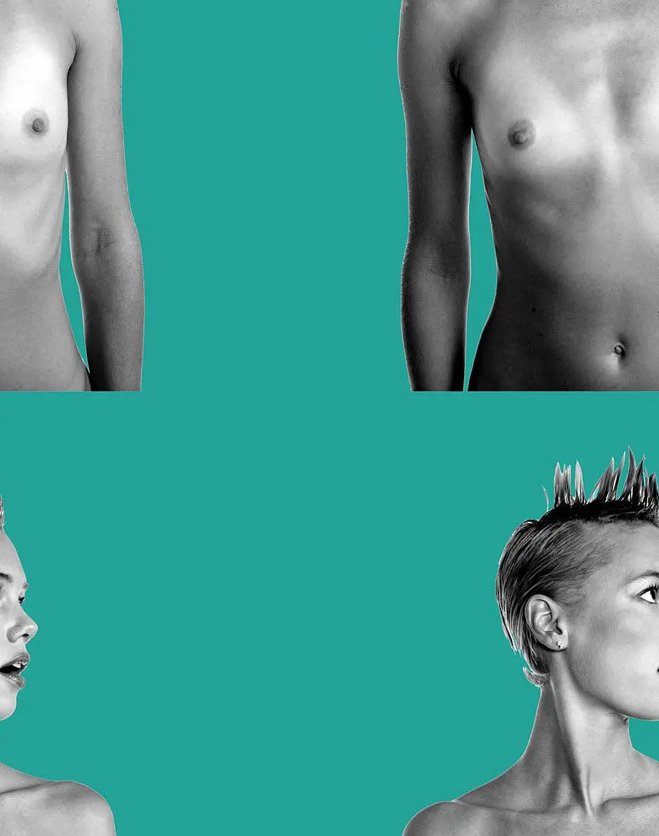 Monochrome diptych of nude figures on bold teal background, conceptual art exhibition in Mykonos, Greece