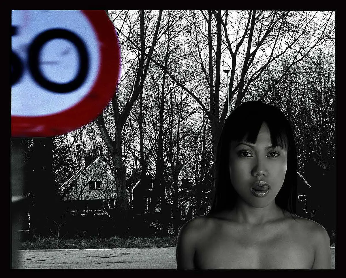 Composite of young woman portrait with stop sign over wintry landscape, art exhibition in Mykonos, Greece