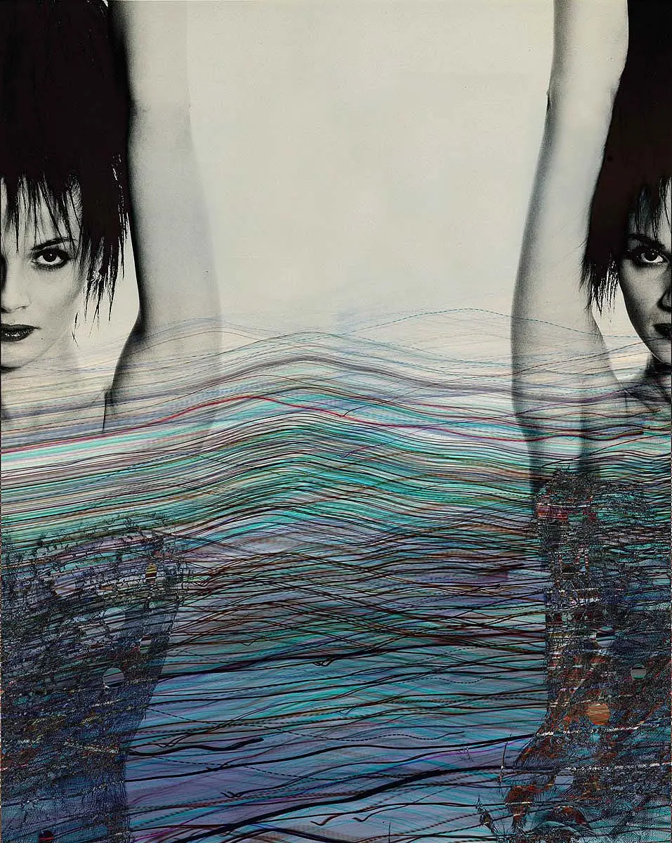 Mirrored female figures over abstract painted ripples, surreal art exhibition in Mykonos, Greece