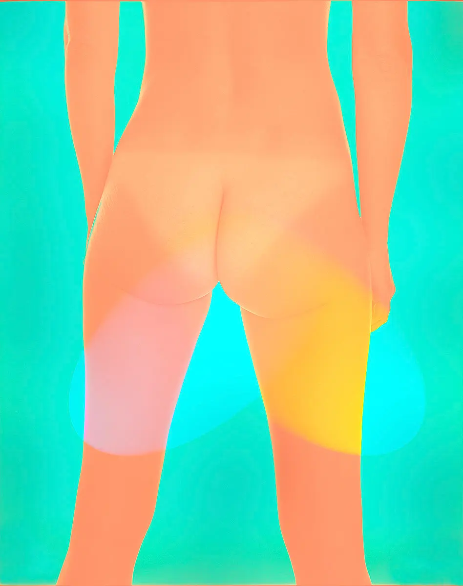 Surreal nude back against bright cyan and yellow gradient, pop art exhibition in Mykonos, Greece