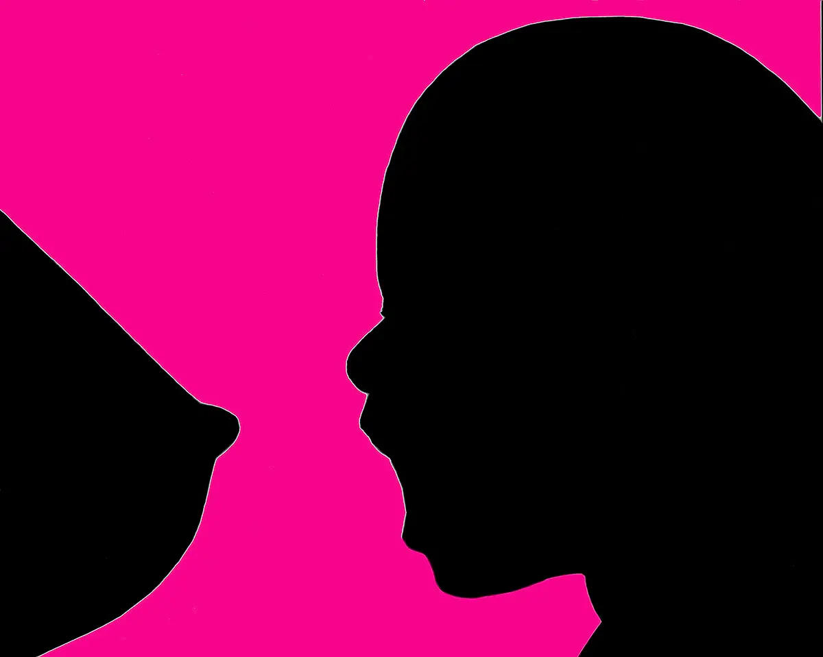 Bold magenta and black profile silhouettes graphic, pop art exhibition in Mykonos, Greece