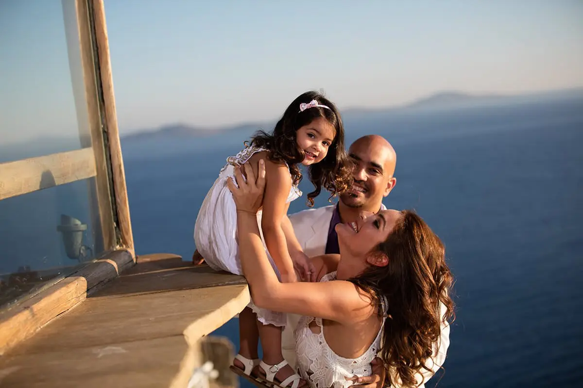 Sunlit coastal children portrait session in Mykonos, Greece