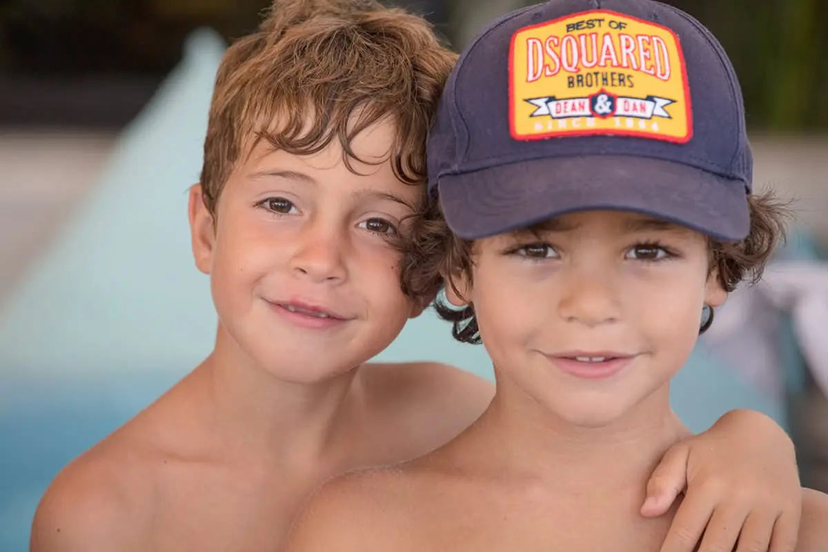 Poolside children portrait session in Mykonos, Greece