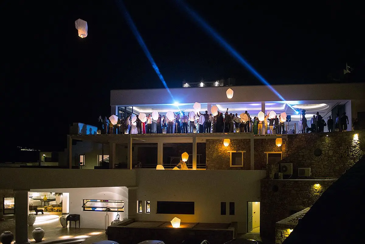 Sunlit private party event vignette in Mykonos, Greece