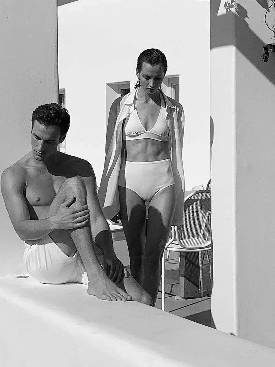 Refined makeup beauty fashion editorial in Mykonos, Greece
