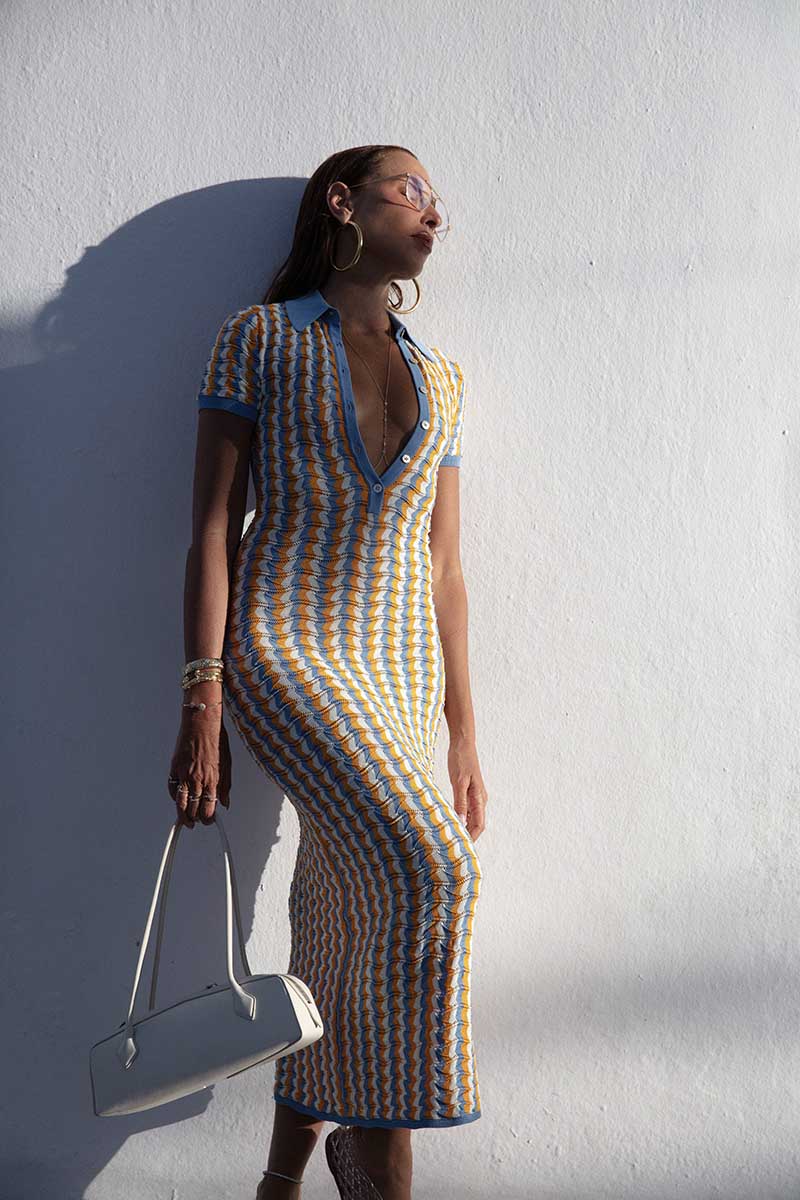 Crimson lip beauty fashion editorial in Mykonos, Greece