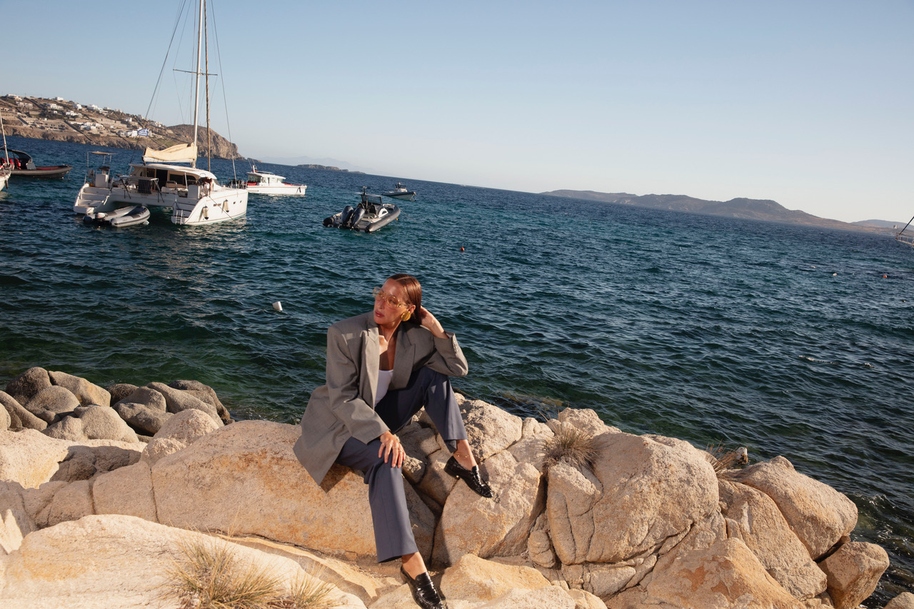 Bold colour-block beauty fashion editorial in Mykonos, Greece