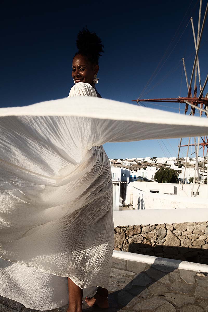 Cinematic beauty editorial fashion portrait in Mykonos, Greece