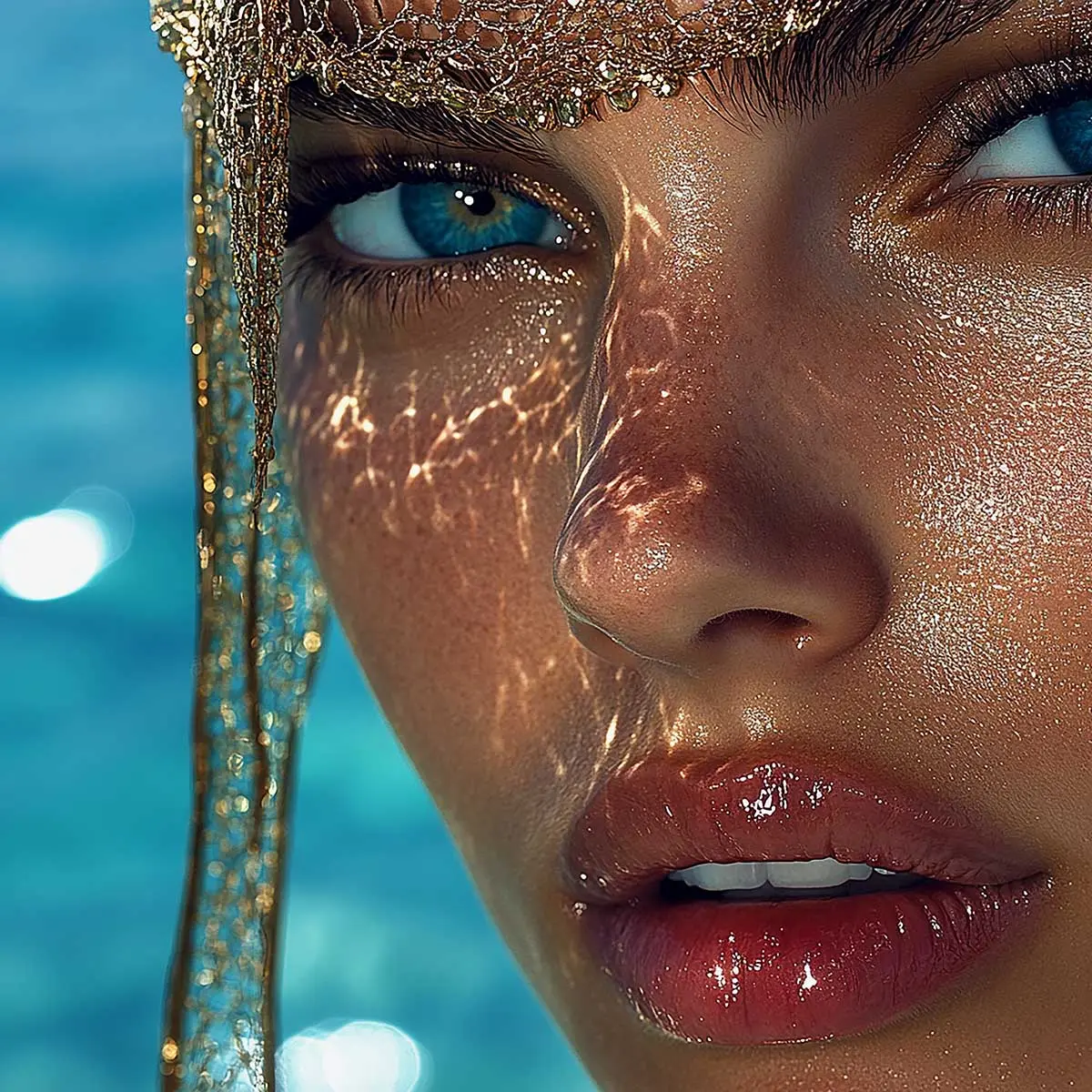 Wet face golden droplets beauty fashion editorial in Mykonos, Greece