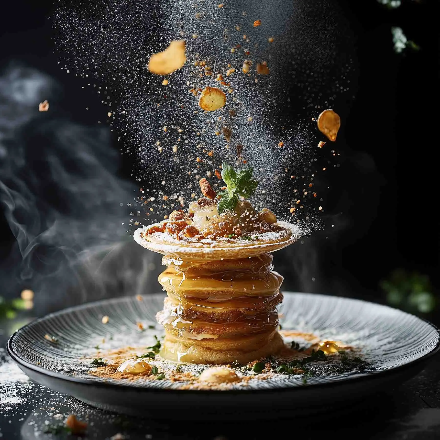 Moody stacked fine dining dessert with falling crumbs, food photography in Mykonos, Greece