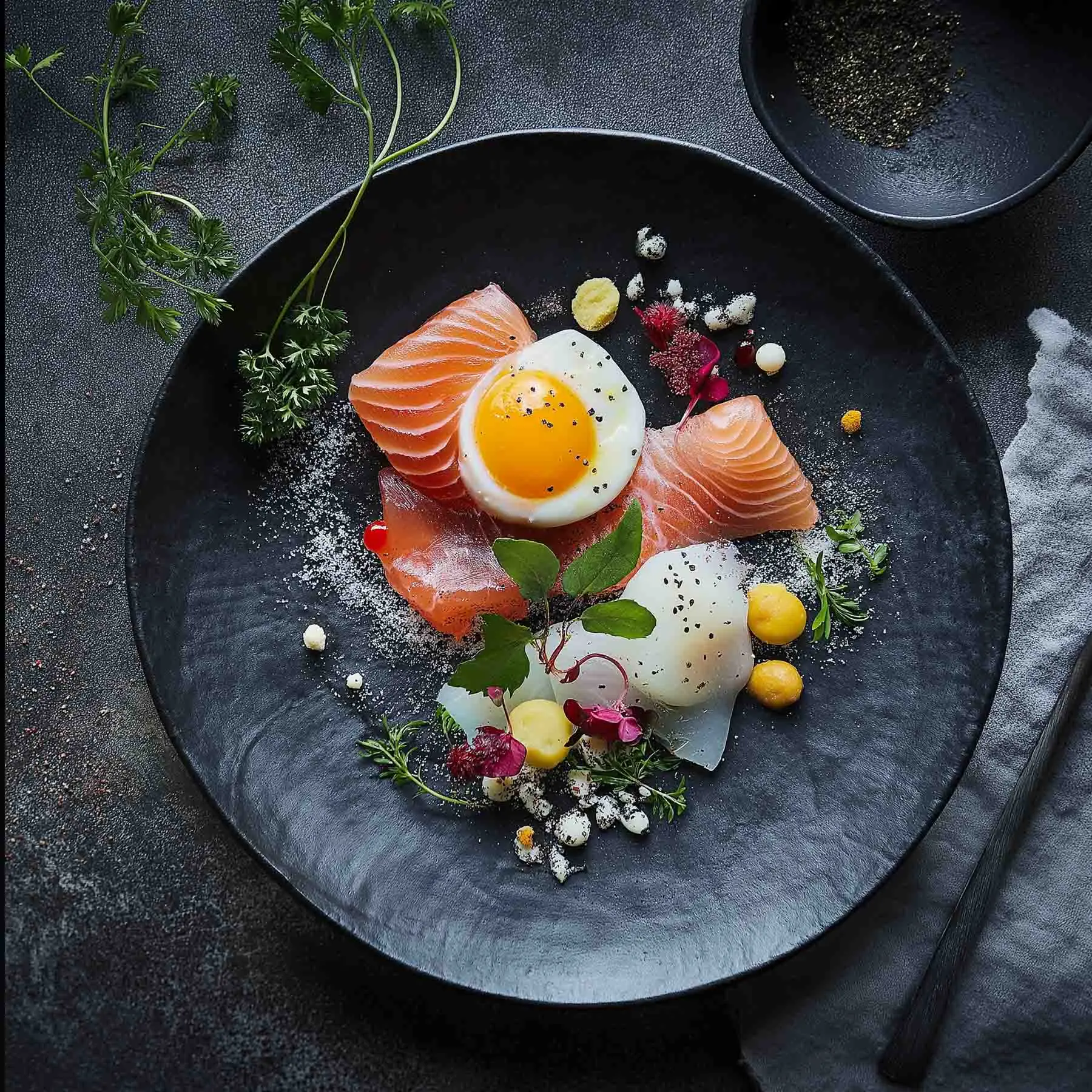 Moody plated dessert close-up, fine dining food photography in Mykonos, Greece