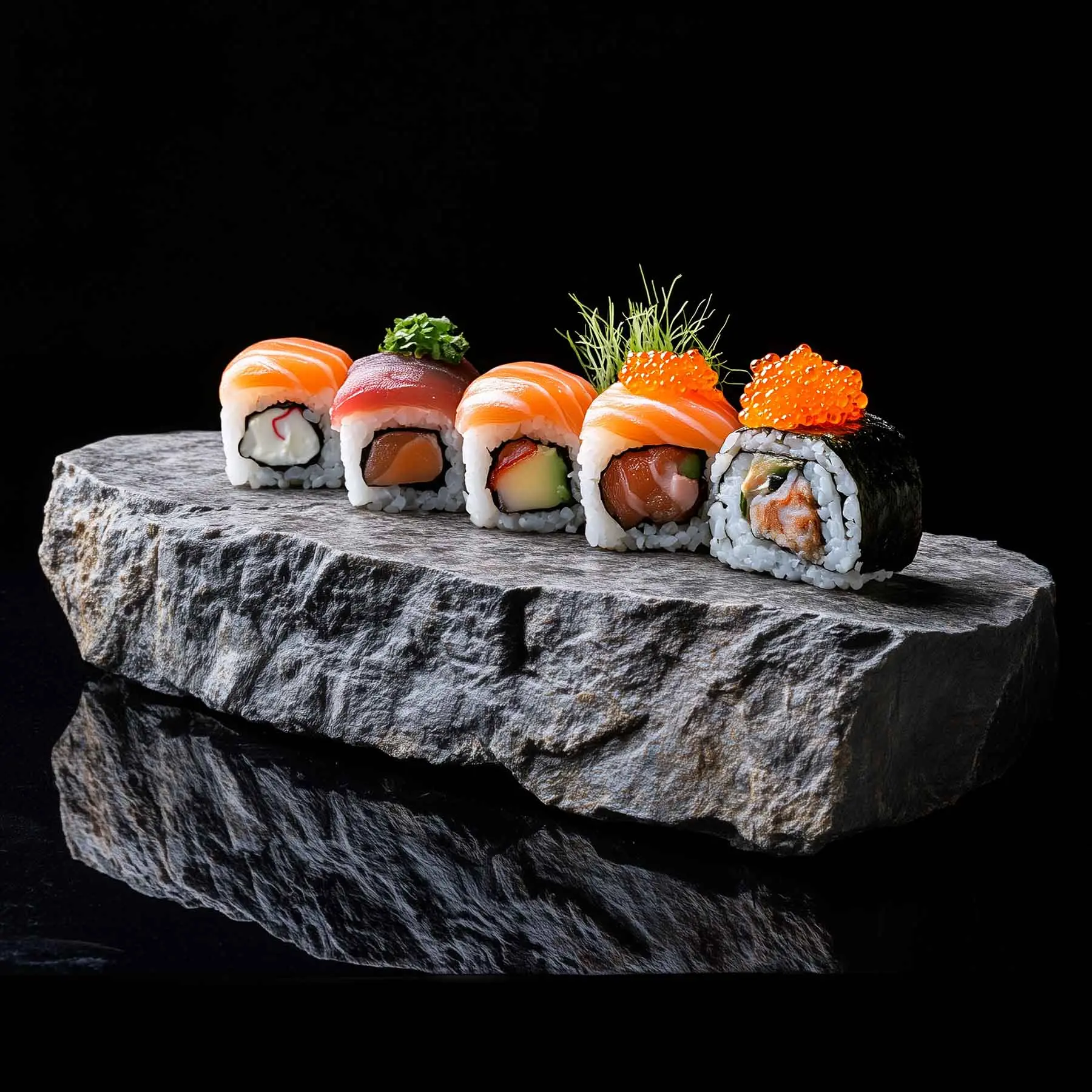 Sushi selection on stone slab, fine dining food photography in Mykonos, Greece