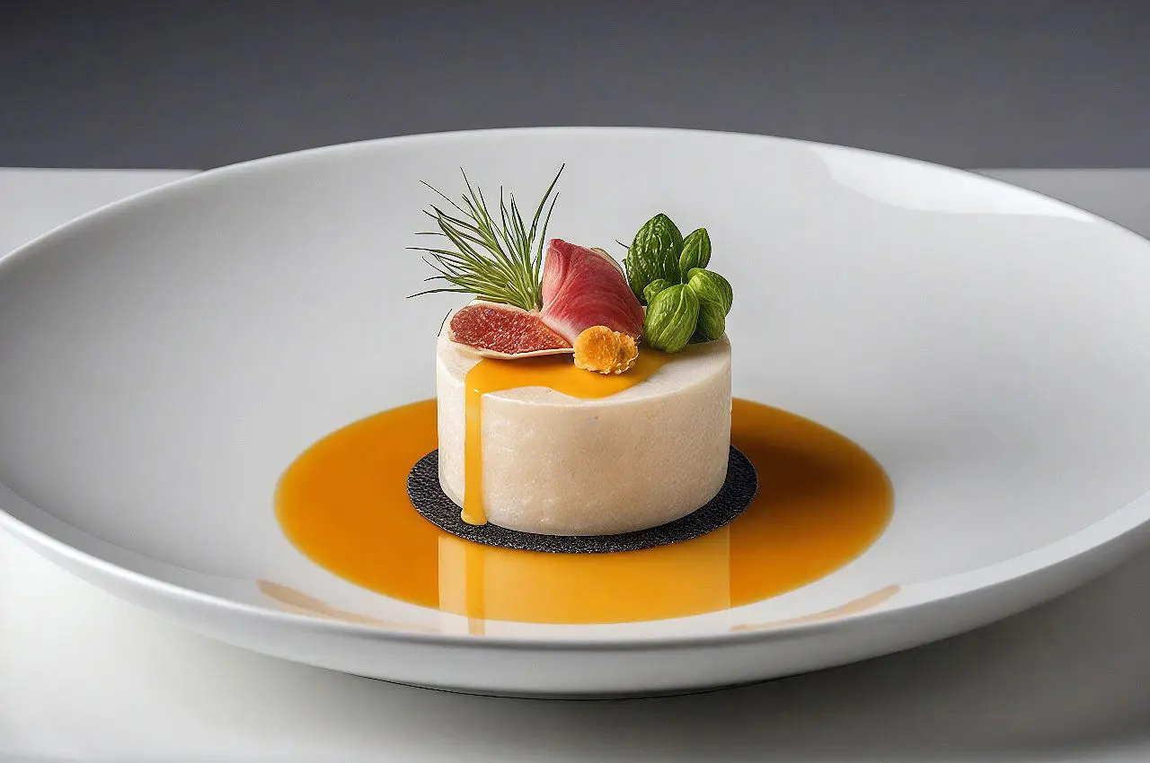 Refined tartare and broth on white plate, fine dining food photography in Mykonos, Greece