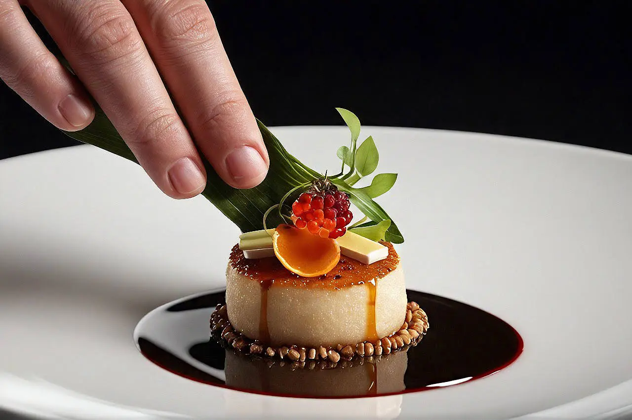 Architectural dessert still life on white plate, gourmet food photography in Mykonos, Greece