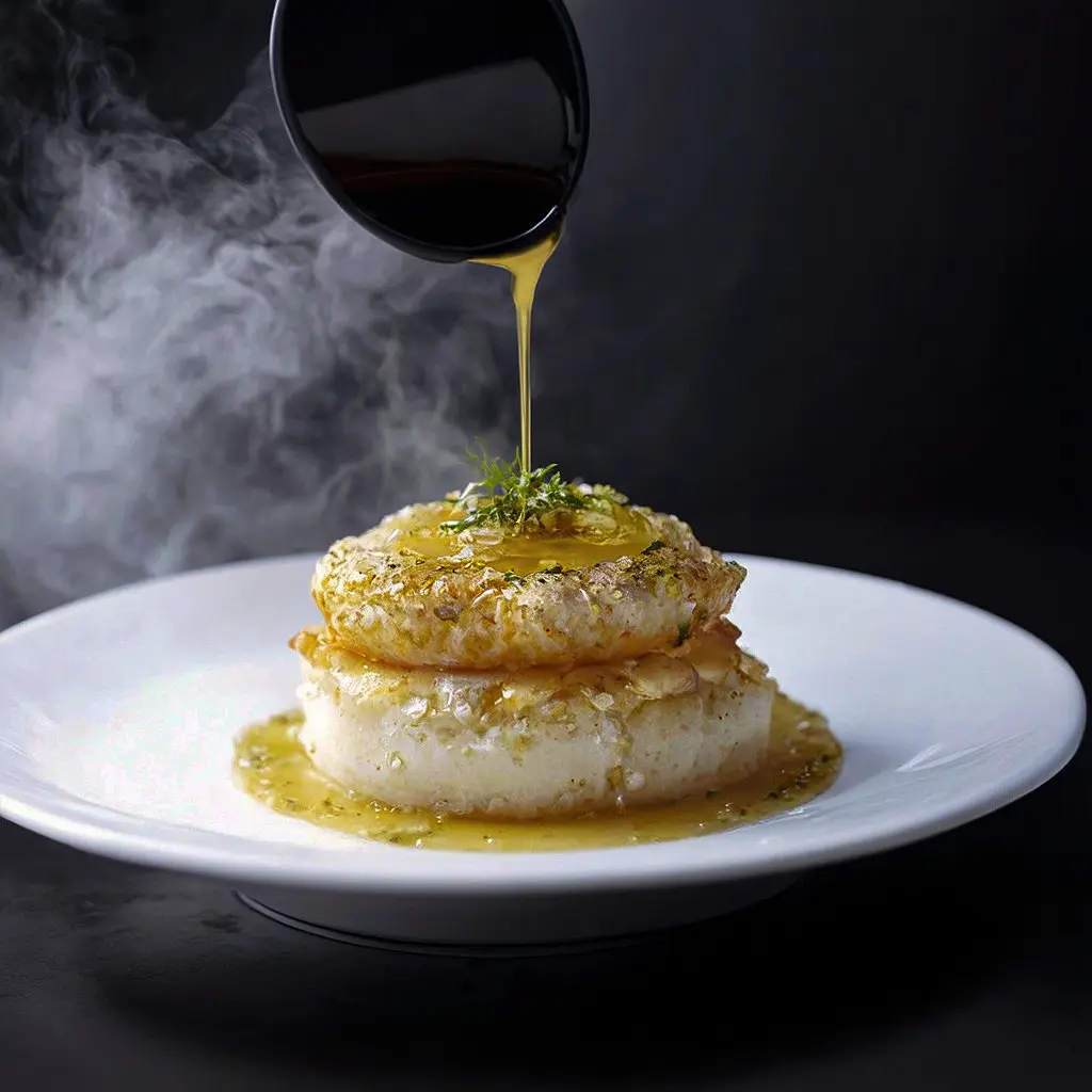 Refined gourmet plating in bright light, Mediterranean food photography in Mykonos, Greece