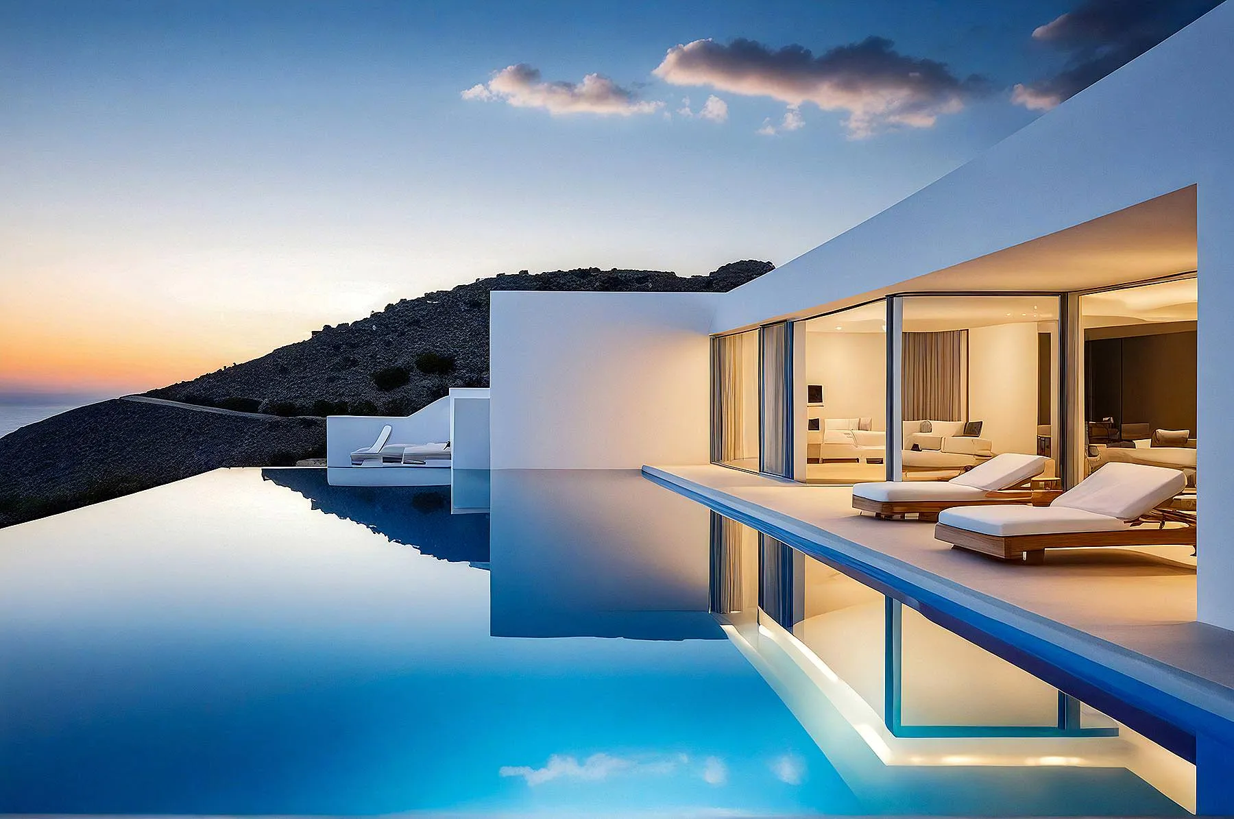 Sunlit boho suite hotels villas advertising frame in Mykonos, Greece