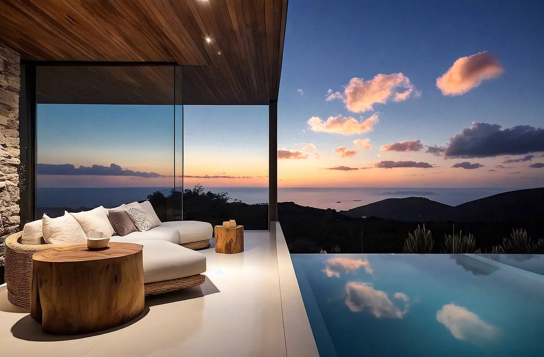 Sunlit boho suite hotels villas advertising composition in Mykonos, Greece