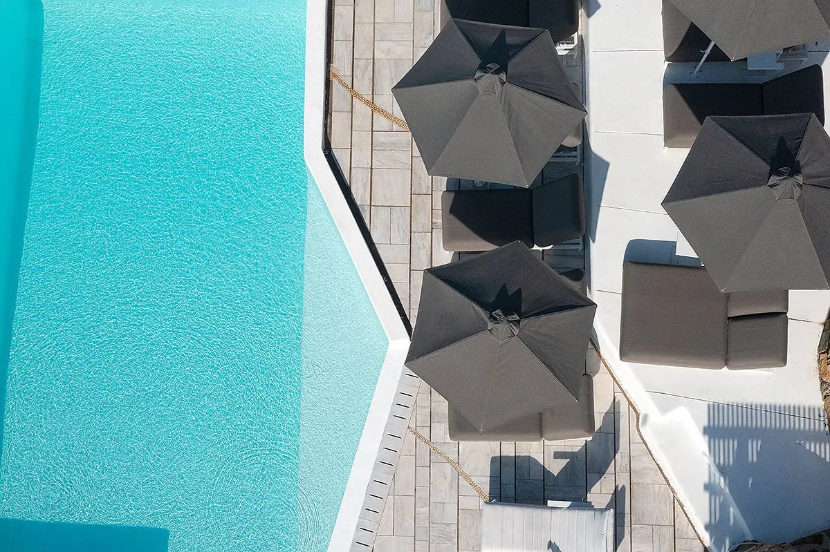 Sunlit boho suite hotels villas advertising outtake in Mykonos, Greece