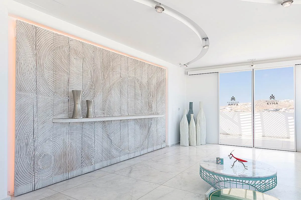 Sunlit Cycladic villa hotels villas advertising frame in Mykonos, Greece
