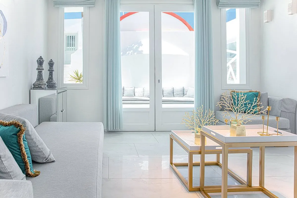 Sunlit Cycladic villa hotels villas advertising shot in Mykonos, Greece