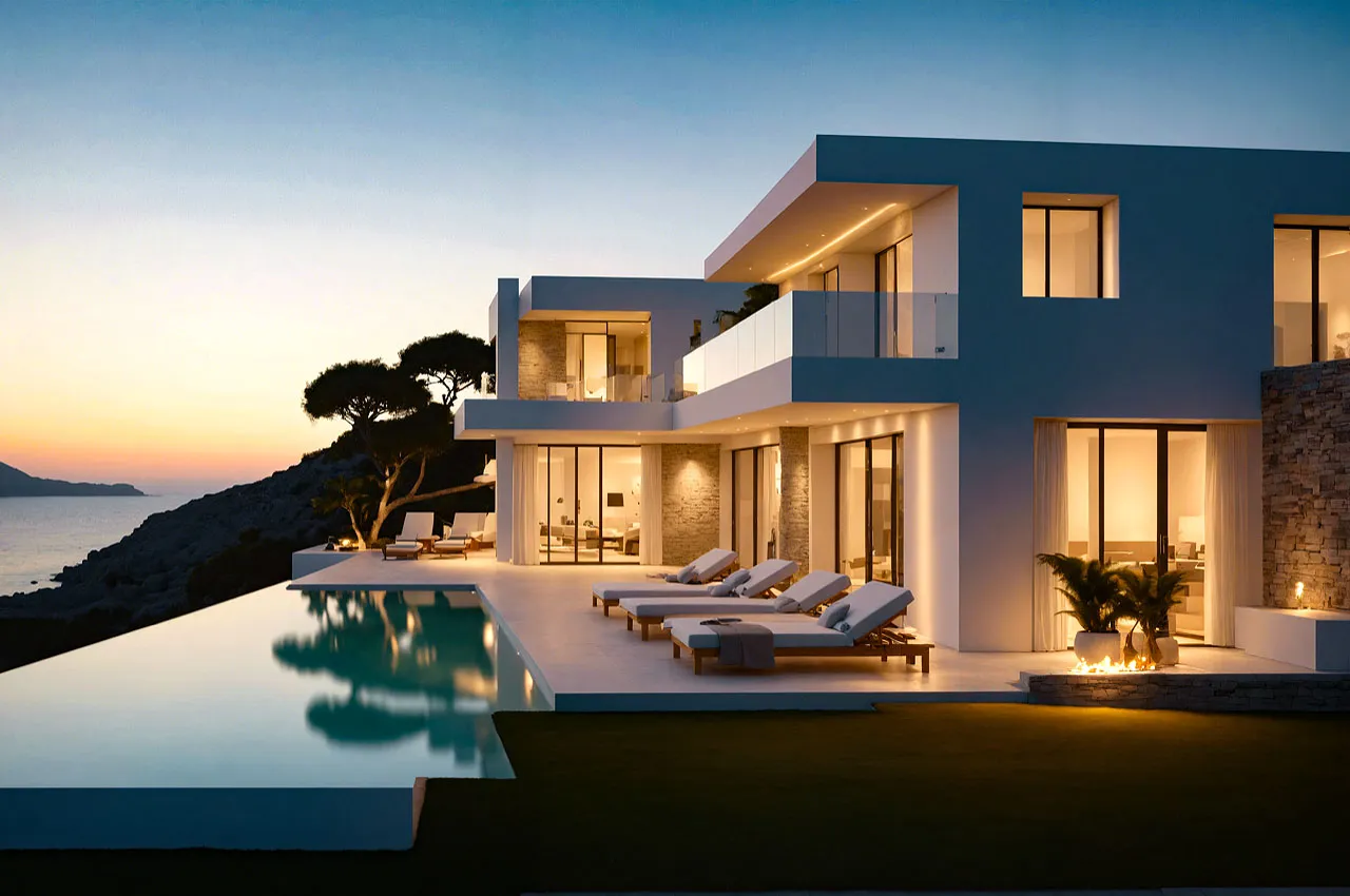 Sunlit Cycladic villa hotels villas advertising still in Mykonos, Greece