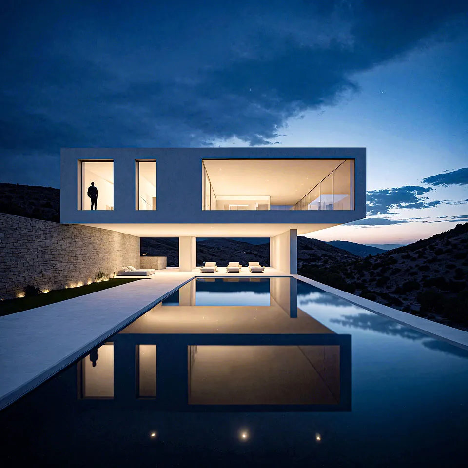 Sunlit designer villa hotels villas advertising outtake in Mykonos, Greece