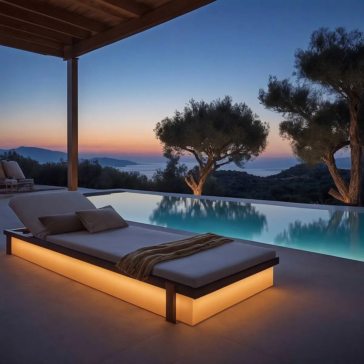 Sunlit infinity pool hotels villas advertising frame in Mykonos, Greece