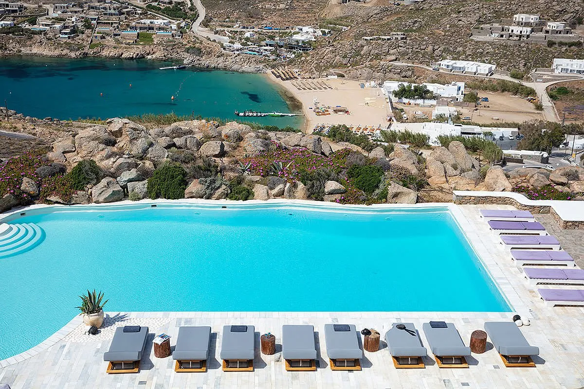 Sunlit lounge area hotels villas advertising frame in Mykonos, Greece