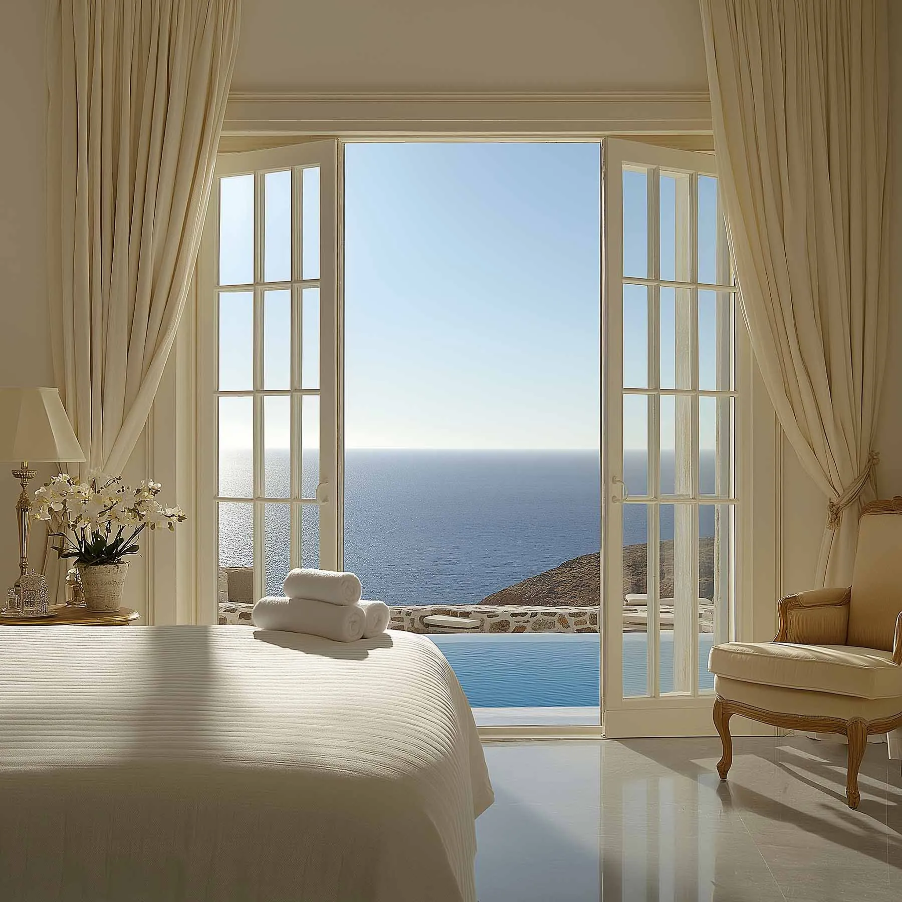 Sunlit luxe suite hotels villas advertising frame in Mykonos, Greece