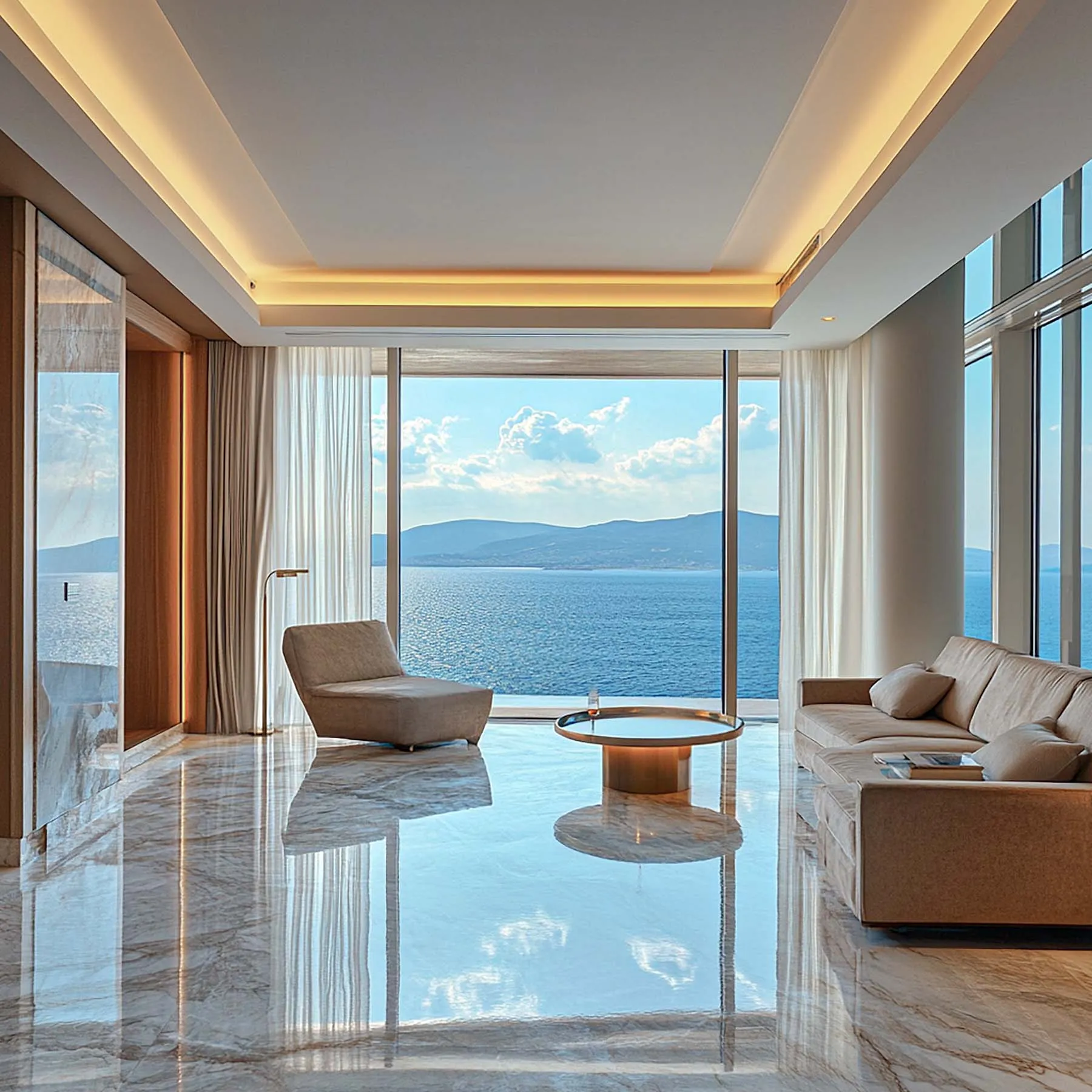 Sunlit luxe suite hotels villas advertising view in Mykonos, Greece