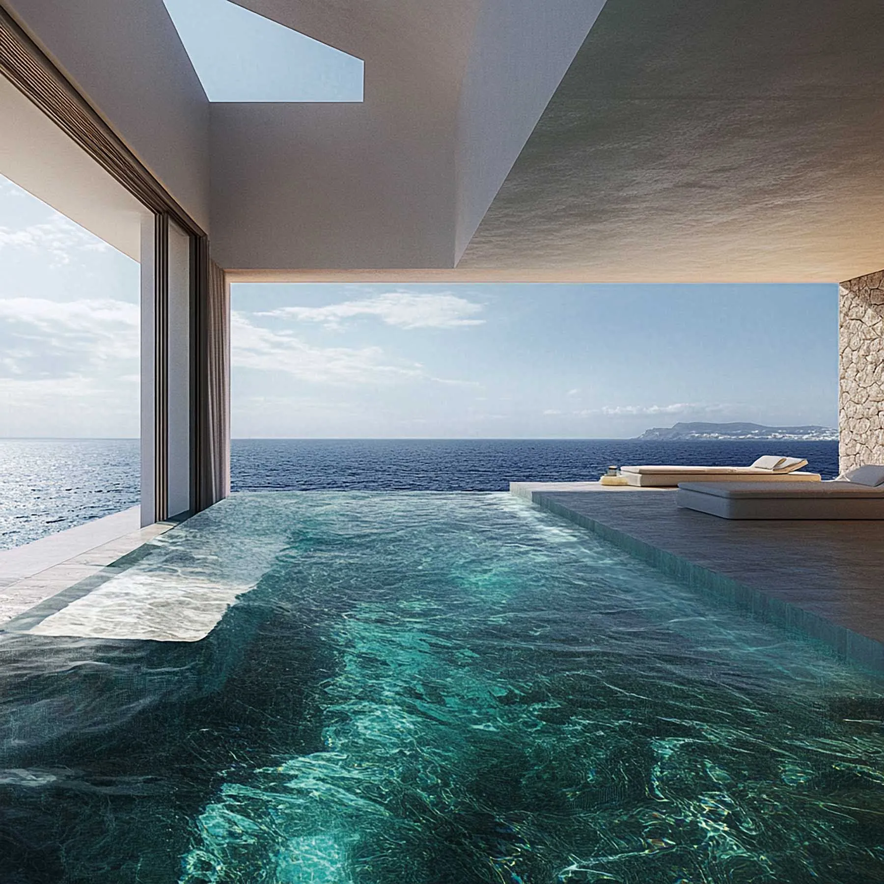 Sunlit luxe suite hotels villas advertising composition in Mykonos, Greece