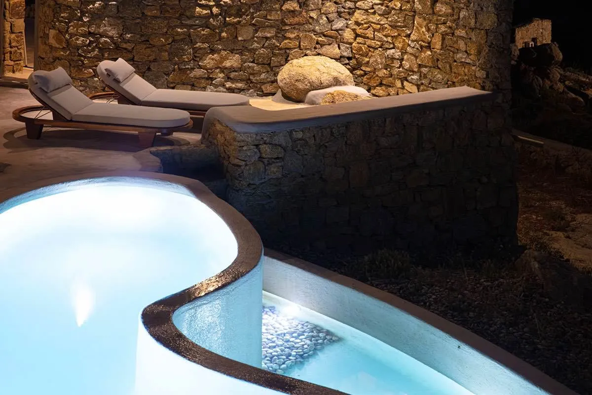 Sunlit spa detail hotels villas advertising frame in Mykonos, Greece