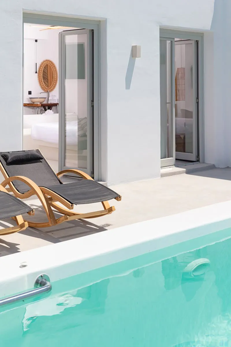 Sunlit spa detail hotels villas advertising view in Mykonos, Greece