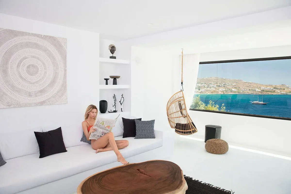 Sunlit spa detail hotels villas advertising moment in Mykonos, Greece