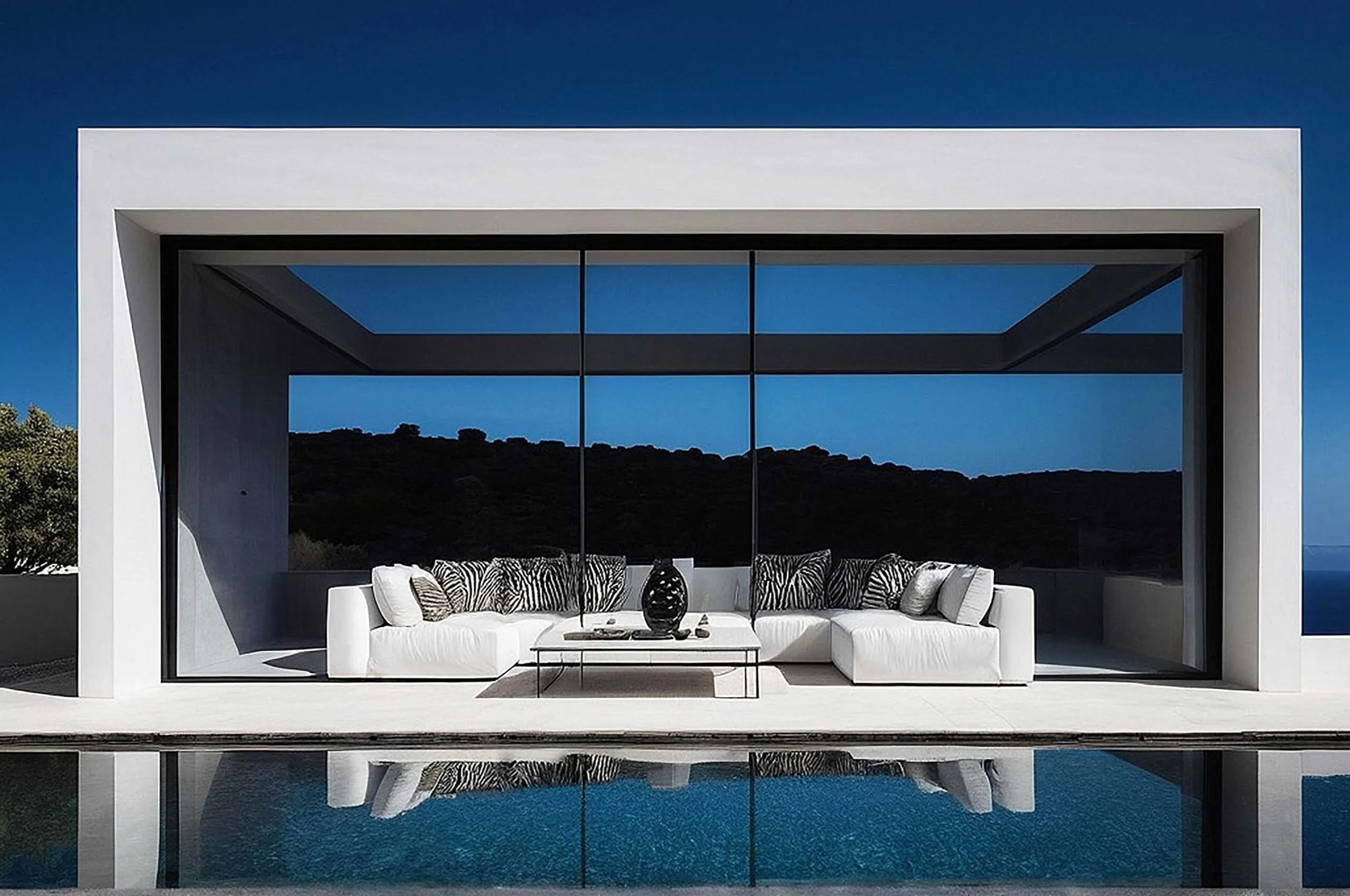 Sunlit stone lobby hotels villas advertising frame in Mykonos, Greece