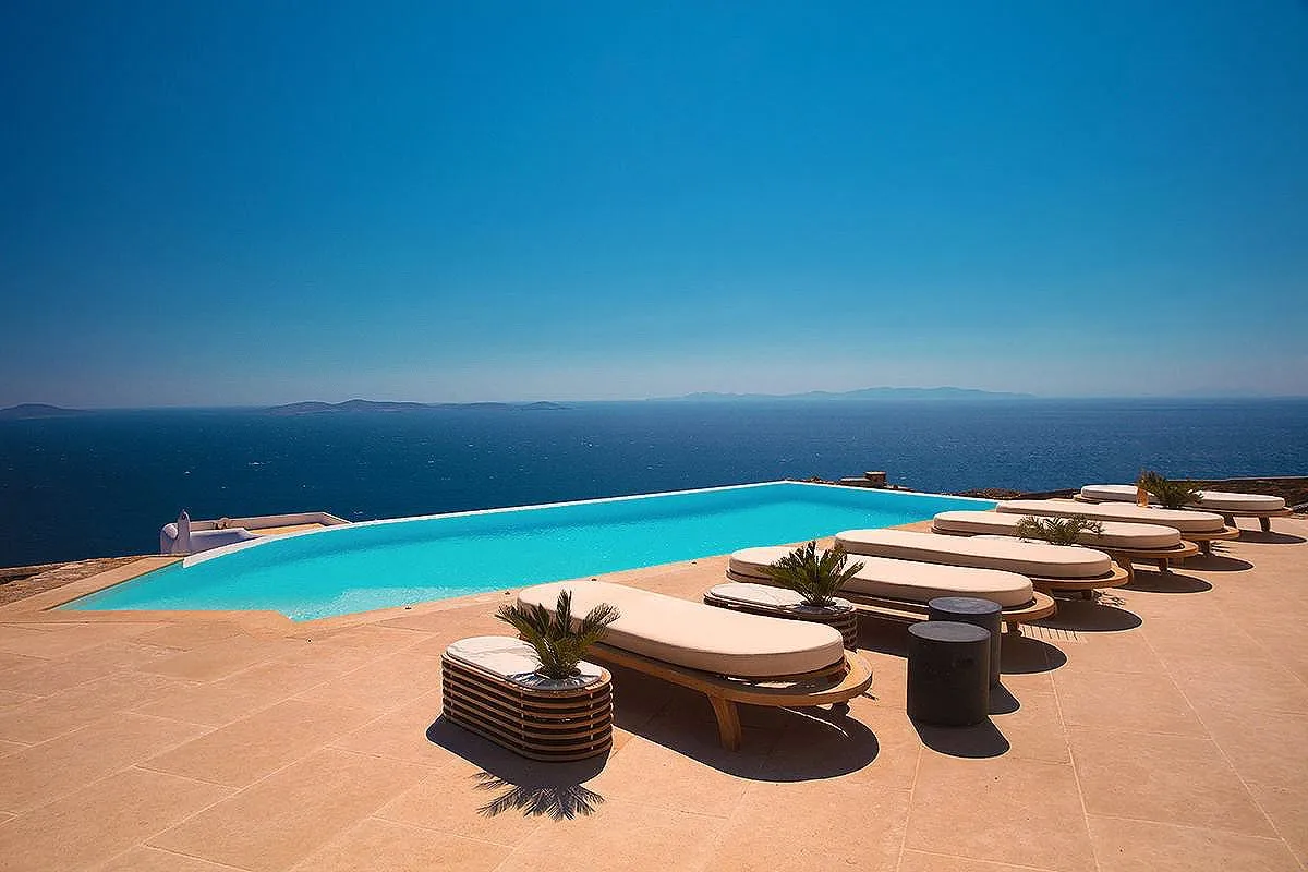 Sunlit sunset deck hotels villas advertising outtake in Mykonos, Greece