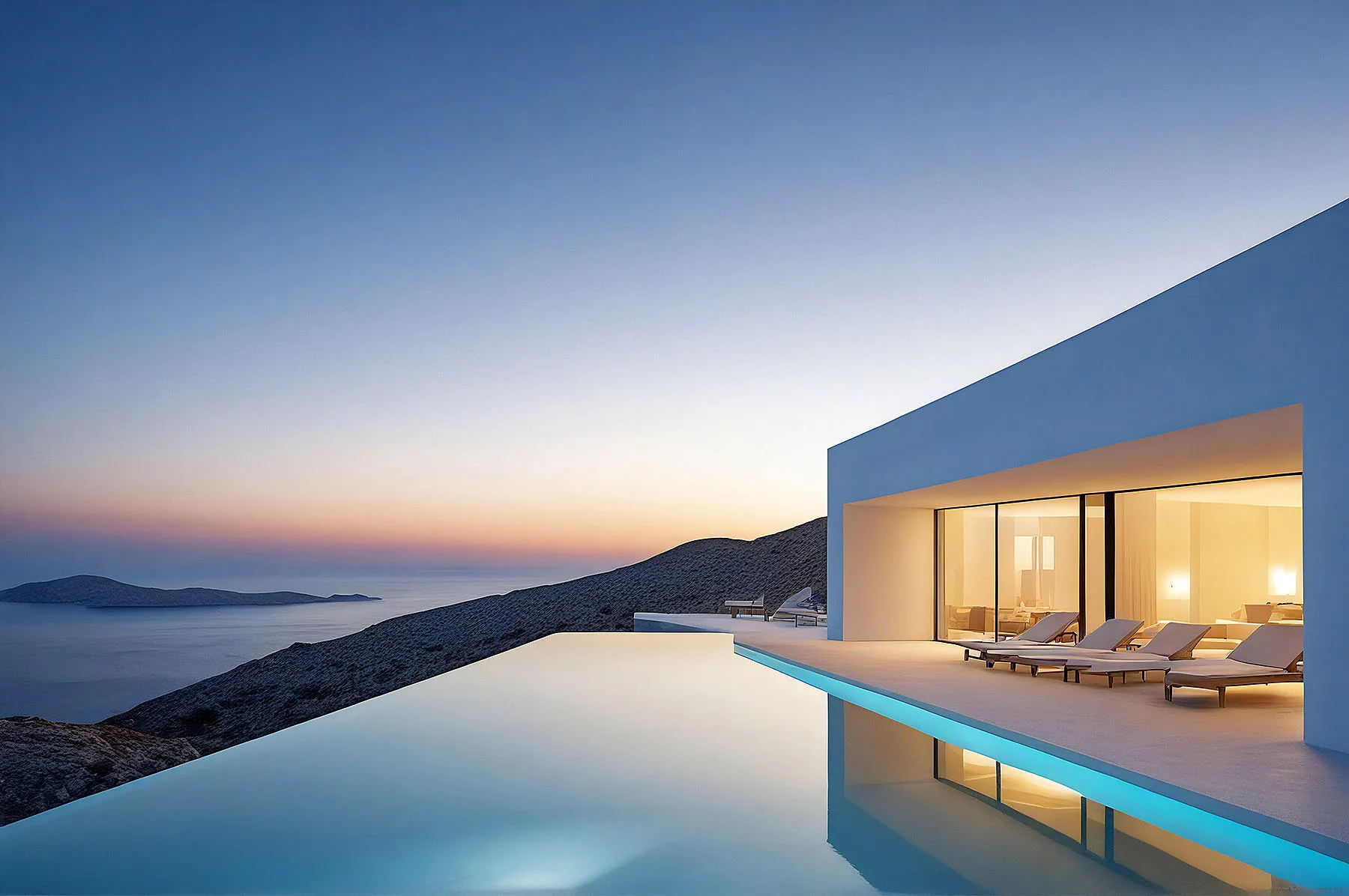 Sunlit terrace view hotels villas advertising frame in Mykonos, Greece