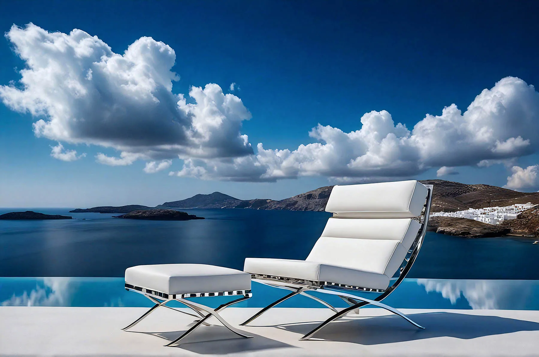 Sunlit terrace view hotels villas advertising view in Mykonos, Greece