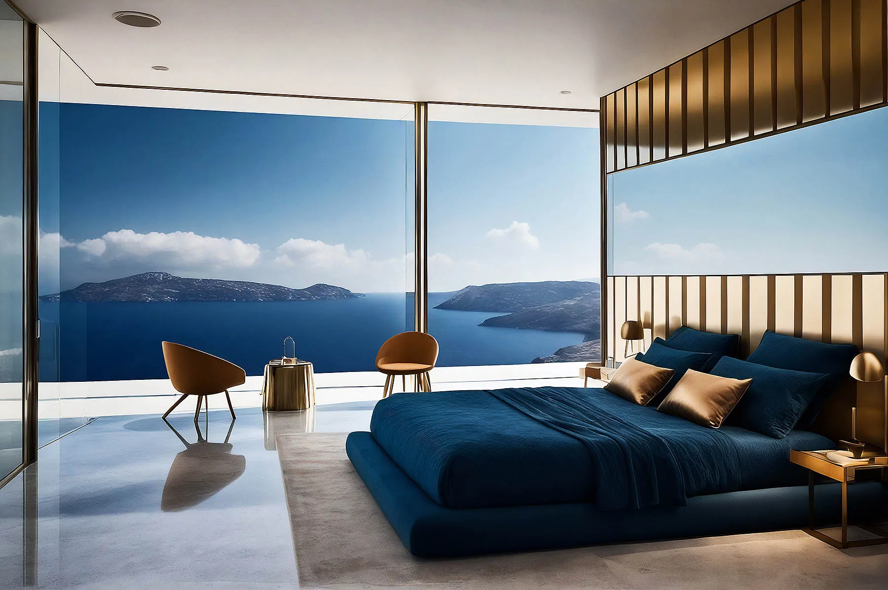 Sunlit terrace view hotels villas advertising composition in Mykonos, Greece