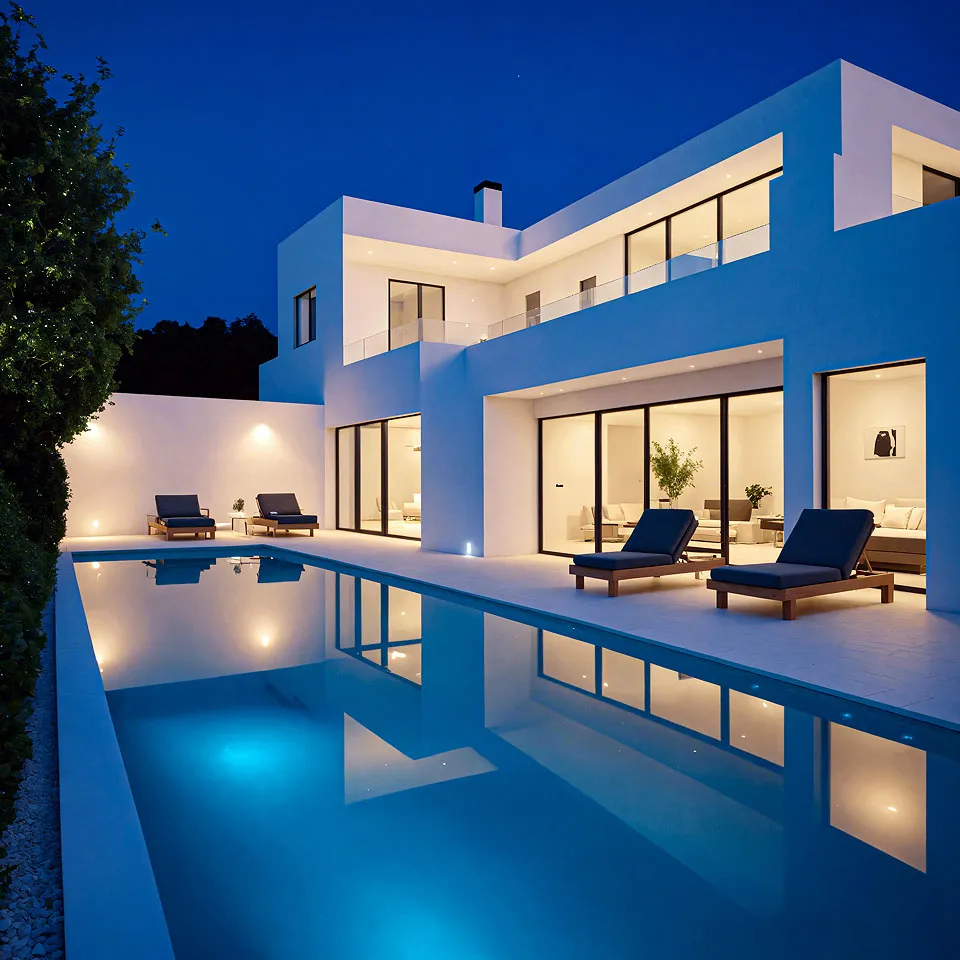 Sunlit terrace view hotels villas advertising vignette in Mykonos, Greece