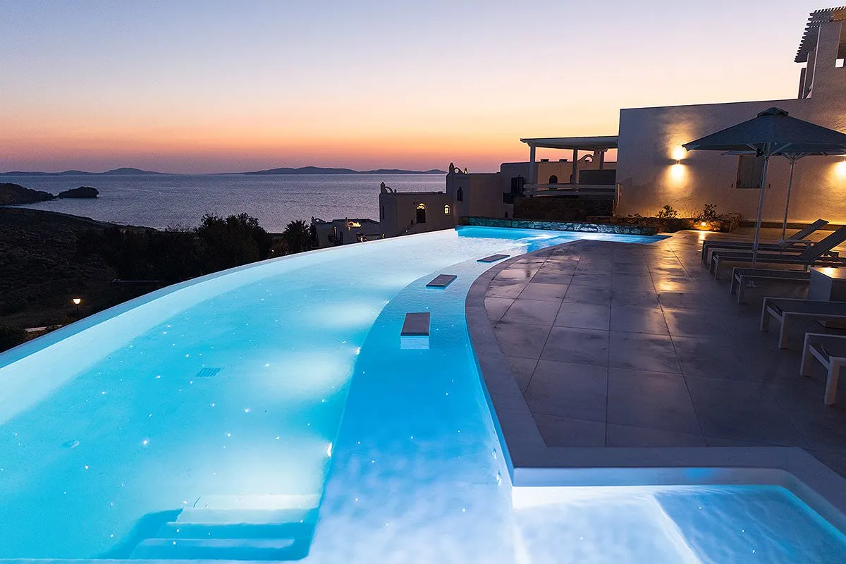 Sunlit yacht view hotels villas advertising outtake in Mykonos, Greece