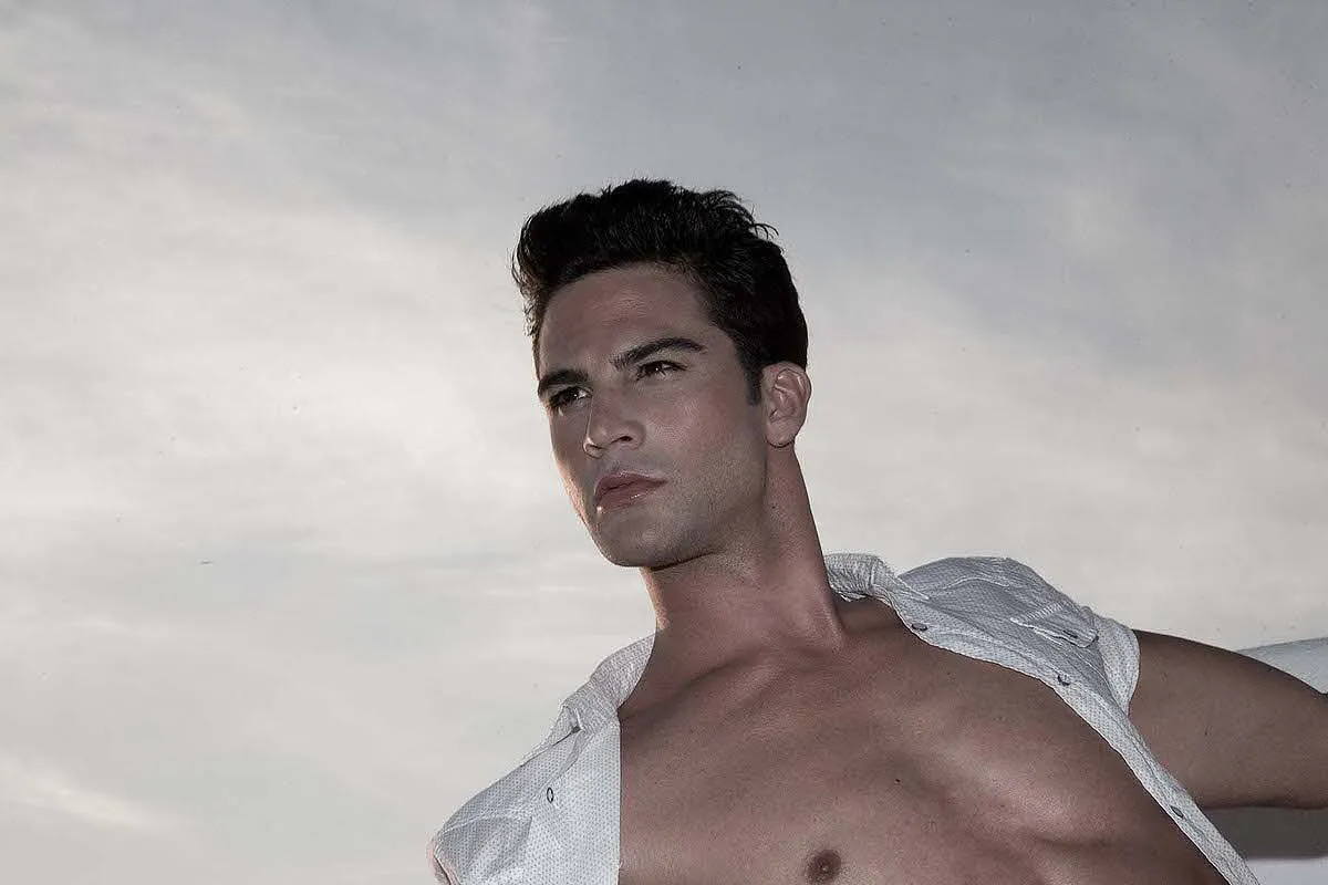 Soft-light aerial swimmer portrait outtake in Mykonos, Greece