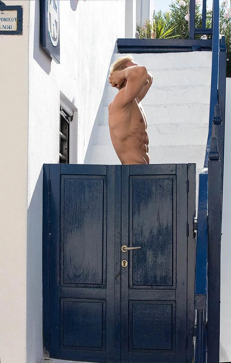 Soft-light bold monochrome portrait view in Mykonos, Greece