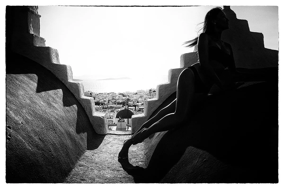 Soft-light bold monochrome portrait outtake in Mykonos, Greece