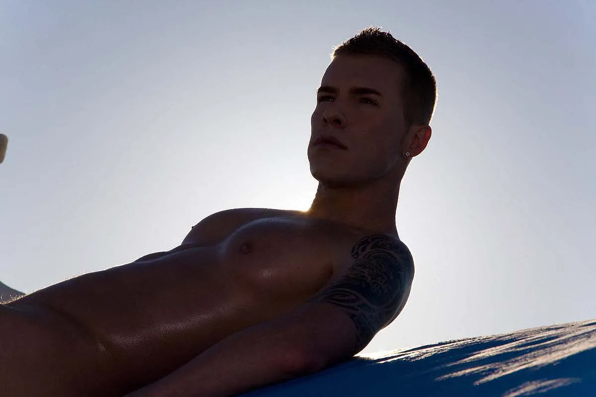 Soft-light bronze male sky portrait view in Mykonos, Greece