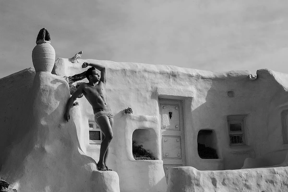 Soft-light monochrome fisherman portrait view in Mykonos, Greece