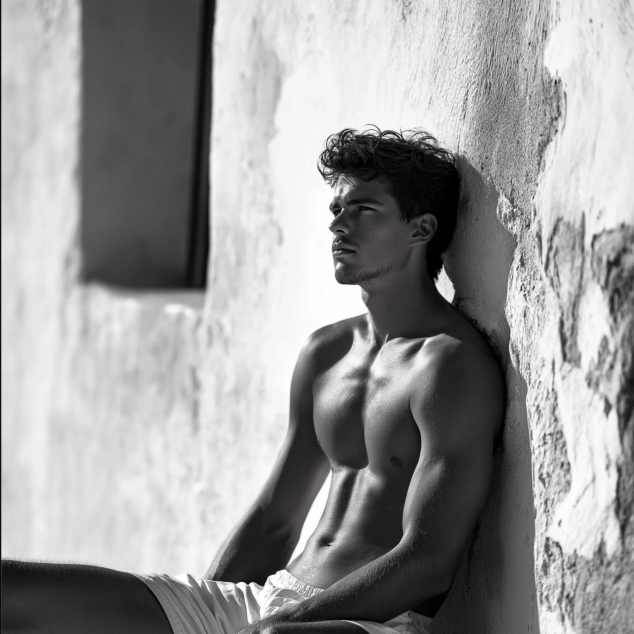 Soft-light monochrome male Cycladic portrait frame in Mykonos, Greece