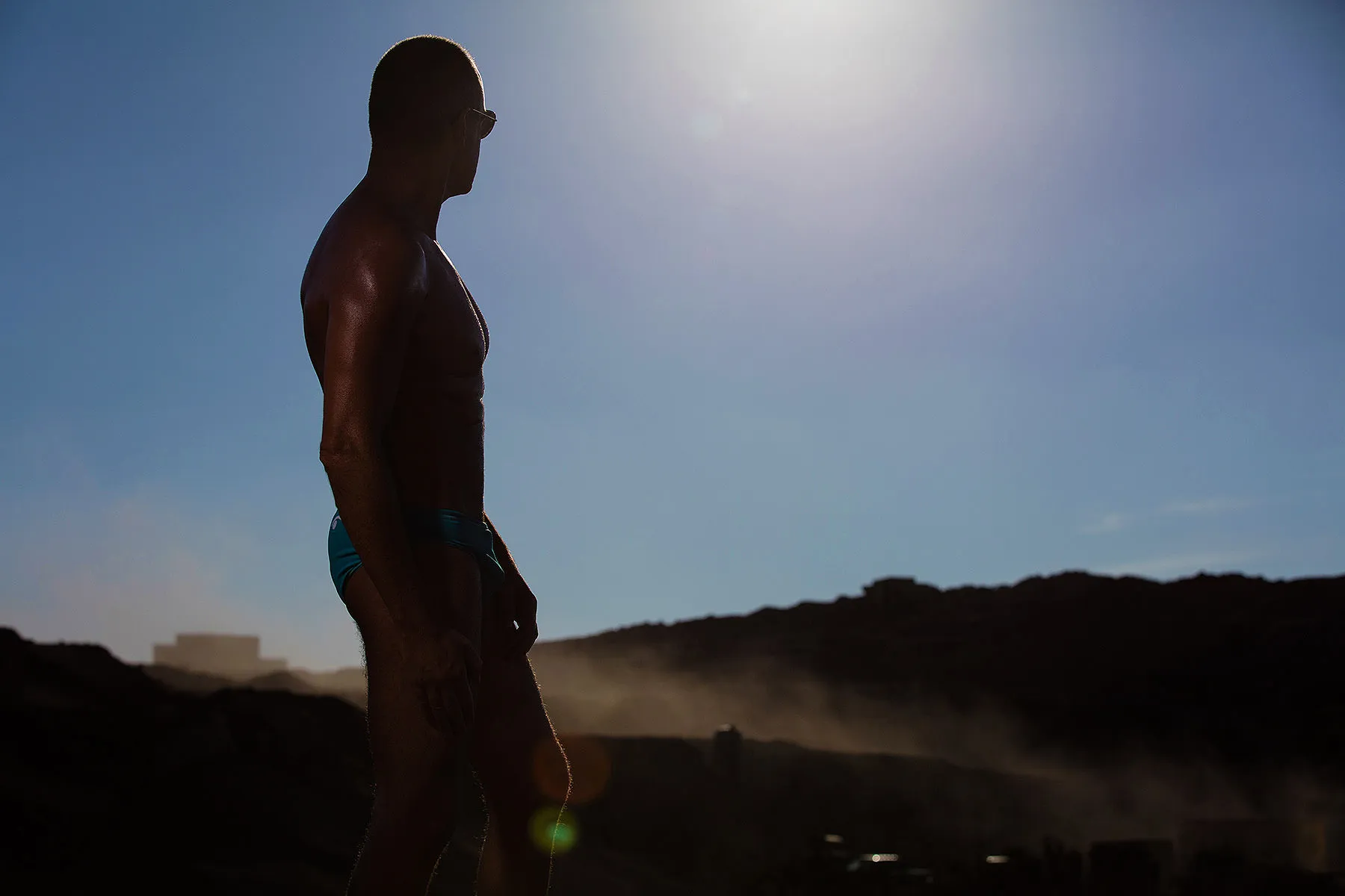 Soft-light monochrome male Cycladic portrait composition in Mykonos, Greece
